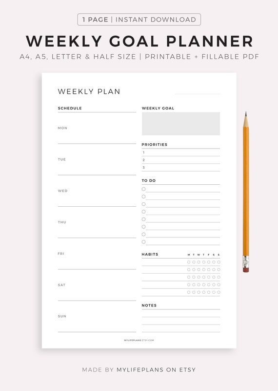 Weekly Goal Planner Printable, Productivity Planner, Weekly to Do List,  Week at a Glance, Weekly Agenda, A4/a5/letter/half Letter 