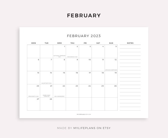 2023 Monthly Calendar With Holidays & Notes Printable - Etsy