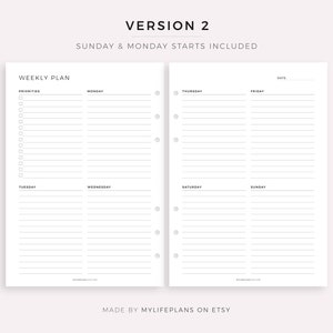 May include: A printable weekly planner with a simple design. The planner is divided into two pages, with each page containing a different set of days. The left page has Monday, Tuesday, Wednesday, and a section for priorities. The right page has Thursday, Friday, Saturday, and Sunday. The planner is designed to be used with a disc-bound planner system.
