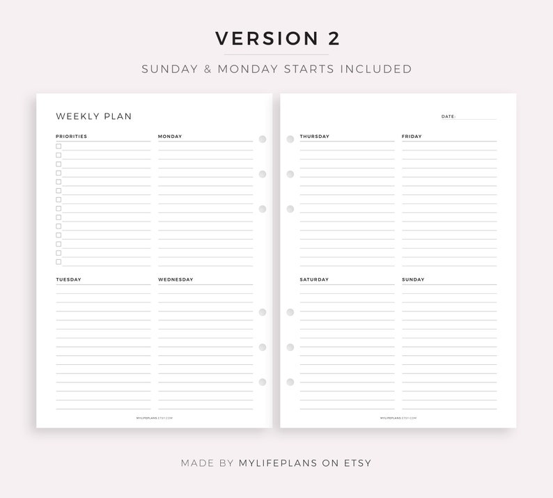 May include: A printable weekly planner with a simple design. The planner is divided into two pages, with each page containing a different set of days. The left page has Monday, Tuesday, Wednesday, and a section for priorities. The right page has Thursday, Friday, Saturday, and Sunday. The planner is designed to be used with a disc-bound planner system.
