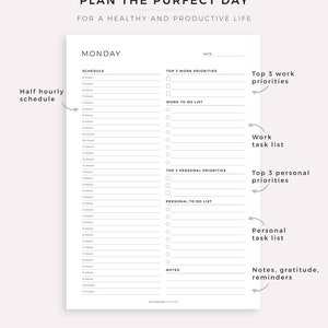 Work From Home Planner, Personal Daily Planner, Productivity Planner, Daily Hourly Planner, Instant Download, A5/A4/Letter/Half Letter image 3