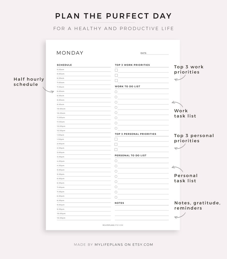 Work From Home Planner, Personal Daily Planner, Productivity Planner, Daily Hourly Planner, Instant Download, A5/A4/Letter/Half Letter image 3