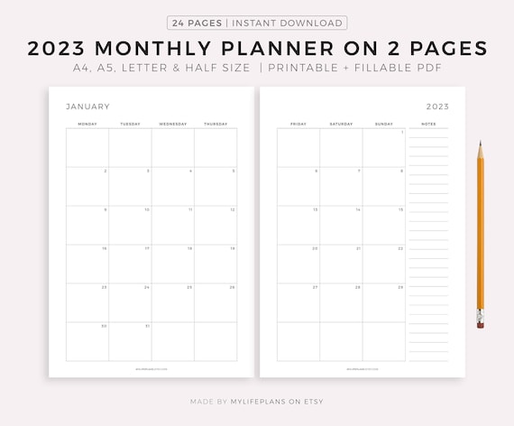 2023-monthly-planner-printable-dated-month-on-2-pages-2023-etsy