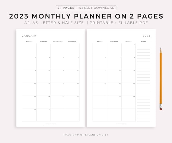 2023 Monthly Planner Printable Dated Month On 2 Pages 2023 Etsy