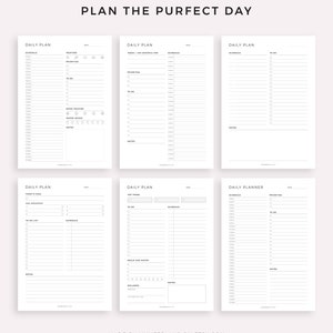 May include: Six printable daily planner pages with different layouts. Each page includes sections for scheduling, to-do lists, priorities, notes, and other helpful features. The pages are designed in a minimalist style with black text on a white background.