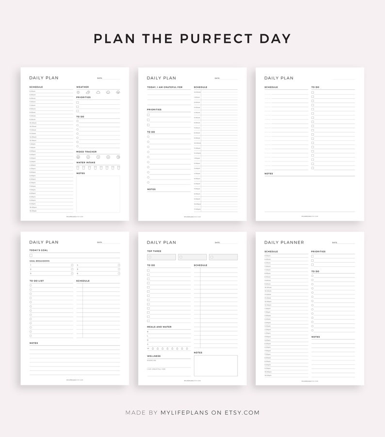 May include: Six printable daily planner pages with different layouts. Each page includes sections for scheduling, to-do lists, priorities, notes, and other helpful features. The pages are designed in a minimalist style with black text on a white background.