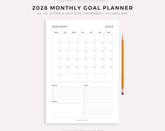 2028 Monthly Goal Planner, Monthly To Do List, Monthly Organizer, Monthly Agenda, Month at a Glance, Printable & Fillable, A4/A5/Letter/Half