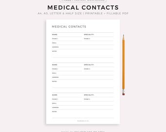 Medical Contacts List Printable, Healthcare Contacts, Doctor Contacts, Wellness Printable, Family Planner, A4/A5/Letter/Half Size