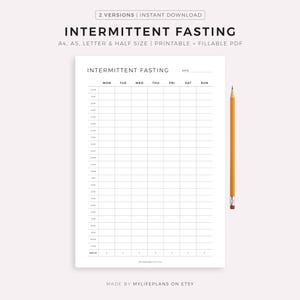Planificador semanal de ayuno intermitente imprimible, planificador de dieta de ayuno intermitente, seguimiento de pérdida de peso, planificador de salud, tamaño A4/carta, descarga instantánea en PDF.