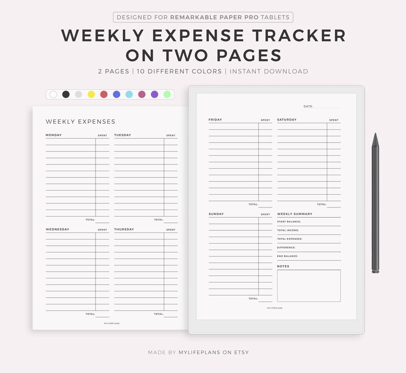 Weekly Expenses Tracker for Remarkable Paper Pro, Instant Download - Etsy
