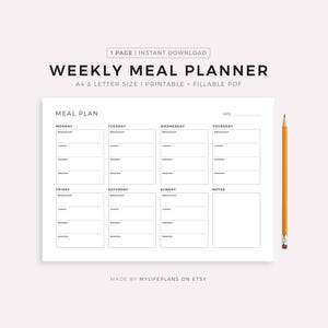 Printable Weekly Meal Planner Landscape, Food Diary, Meal Tracker, Food Journal, Meal Prep Planner, A4/A5/Letter/Half Size, Instant Download image 1