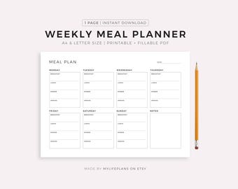 Printable Weekly Meal Planner Landscape, Food Diary, Meal Tracker, Food Journal, Meal Prep Planner, A4/A5/Letter/Half Size, Instant Download