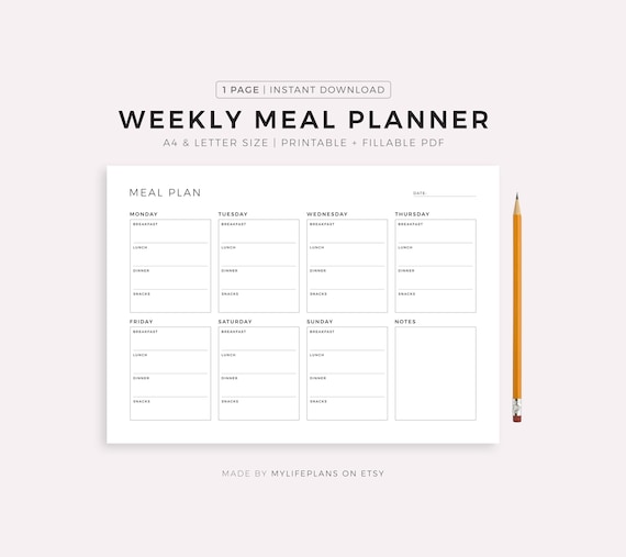 Printable Weekly Meal Planner Landscape, Food Diary, Meal Tracker, Food Journal, Meal Prep Planner, A4/A5/Letter/Half Size, Instant Download