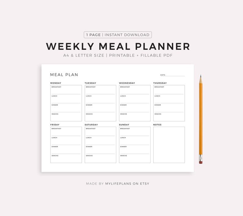 Printable Weekly Meal Planner Landscape, Food Diary, Meal Tracker, Food Journal, Meal Prep Planner, A4/A5/Letter/Half Size, Instant Download image 1