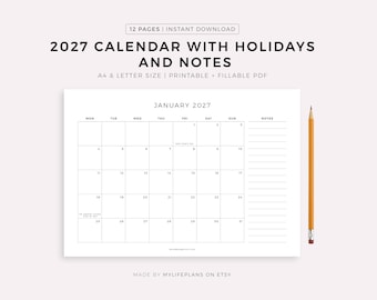 2027 Monthly Calendar with Holidays & Notes, Printable Calendar Template Fillable, Minimalist Calendar, Year Calendar, Landscape, A4/Letter