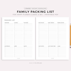 Könnte beinhalten: Eine druckbare Familienpackliste mit zwei Seiten. Die erste Seite enthält Abschnitte für wichtige Artikel, Kleidung, Toilettenartikel, Elektronik, Schuhe und Gesundheit. Die zweite Seite hat Abschnitte für Kinder, Essen/Snacks, vor dem Verlassen, Haustiere, Auto-/Flugzeugartikel und Sonstiges.