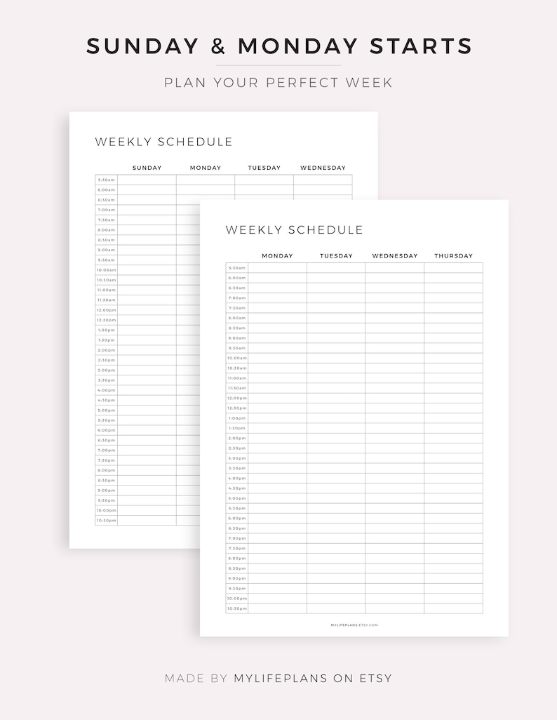 May include: A printable weekly schedule planner with two pages. The first page is for Sunday and Monday, and the second page is for Monday through Thursday. Each page has a column for each day of the week and rows for each hour of the day, from 5:00 am to 10:50 pm.