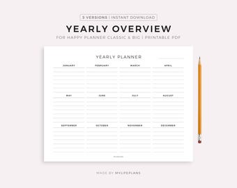 Yearly Overview Landscape Planner for Happy Planner Classic & Big, Printable PDF, Instant Download