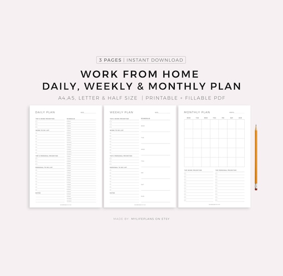 Work From Home - Daily Planner, Weekly Planner, Monthly Planner, Instant Download, A4/A5/Letter/Half Size