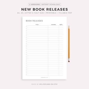 Op de afbeelding: Een witte, afdrukbare sjabloon voor boekreleases met de tekst "NEW BOOK RELEASES" en "BOOK RELEASES". De sjabloon bevat secties voor titel, auteur en datum. Een gele potlood bevindt zich aan de rechterkant.