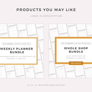 May include: Two digital product listings for printable planners. The first listing is for a bundle of 56 weekly planners in various sizes, including A4, letter, and half-letter. The second listing is for a bundle of 215 planners in various sizes, including A4, letter, and half-letter. Both listings offer instant download, printable and fillable PDF files, and free updates.