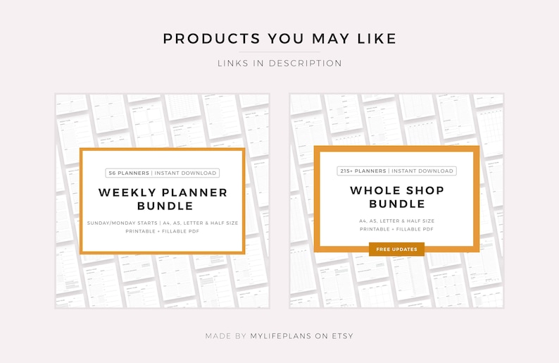 May include: Two digital product listings for printable planners. The first listing is for a bundle of 56 weekly planners in various sizes, including A4, letter, and half-letter. The second listing is for a bundle of 215 planners in various sizes, including A4, letter, and half-letter. Both listings offer instant download, printable and fillable PDF files, and free updates.