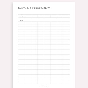 May include: A white A4 sheet of paper with the words "BODY MEASUREMENTS" at the top. Below are columns for "GOALS" and "DATE", followed by a grid of blank lines for recording body measurements. The bottom of the page includes the text "MADE BY MYLIFEPLANS ON ETSY".