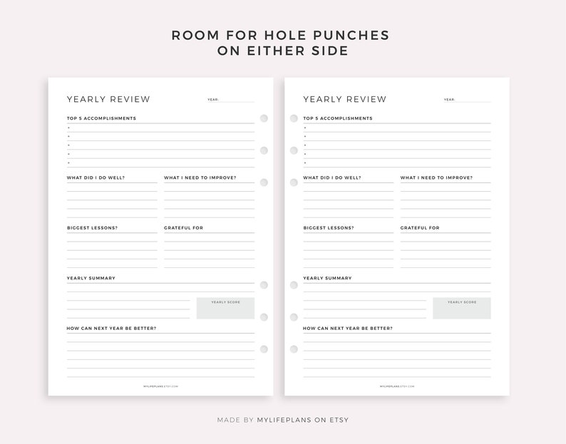 May include: A printable yearly review planner with sections for top accomplishments, what you did well, what you need to improve, biggest lessons, grateful for, yearly summary, and how can next year be better. The planner has space for hole punches on either side.