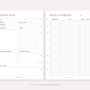 May include: A printable content planner and weekly schedule template. The content planner includes sections for title, category, platform, date and time, description, to do list, hashtags, keywords, links to include, and ideas or notes. The weekly schedule includes sections for platform, post, time, and stats. The template is designed for use with a disc bound planner.
