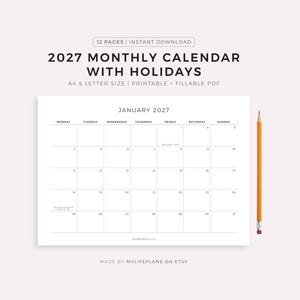Può includere: Un calendario mensile bianco del 2027 con festività, con un layout di gennaio 2027. Il calendario è in formato A4 e lettera, stampabile e PDF compilabile. Una matita gialla è posizionata a destra.