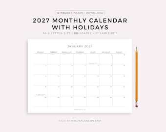 2027 Monthly Calendar with Holidays, Printable Calendar Template, Landscape, Minimalist Calendar, Year Calendar, Instant Download, A4/Letter
