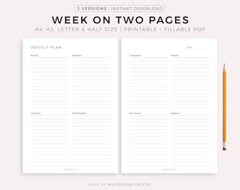 Week on 2 Pages, Week At a Glance, Weekly Schedule, Weekly Agenda, Minimal Weekly Planner Printable PDF, Planner Inserts, A4/A5/Letter/Half