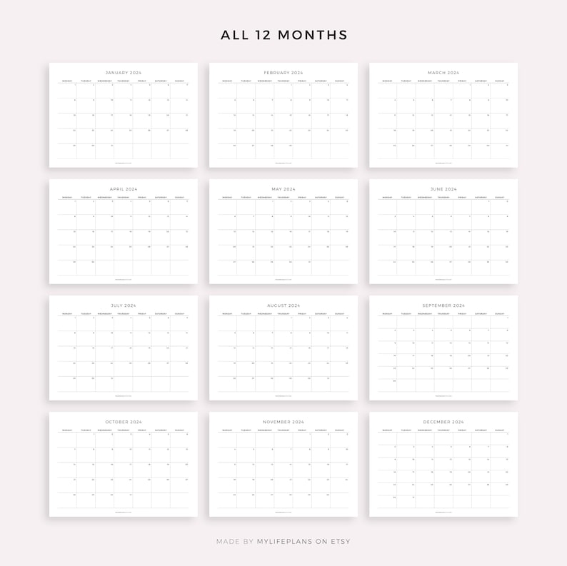 2024 Monthly Calendar Landscape Printable Calendar Template Etsy