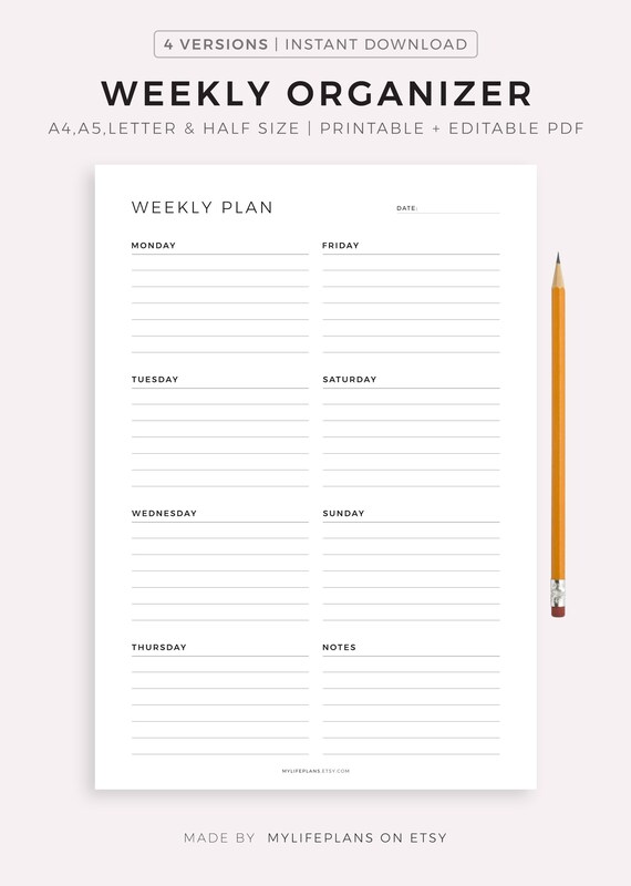Weekly Organizer Weekly Schedule Weekly Planner Printable To Etsy