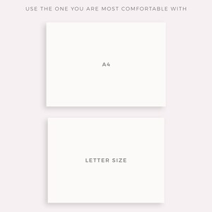 May include: Two white rectangles with text on a light pink background. The top rectangle says "A4" and the bottom rectangle says "LETTER SIZE". The text at the top says "COMES IN 2 SIZES" and the text at the bottom says "MADE BY MYLIFEPLANS ON ETSY".