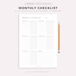 Maandelijkse checklist afdrukbaar en invulbaar, maandelijkse takenlijstsjabloon, takenlijst, planner invoegen, A4/A5/Letter/Half, Instant Download PDF
