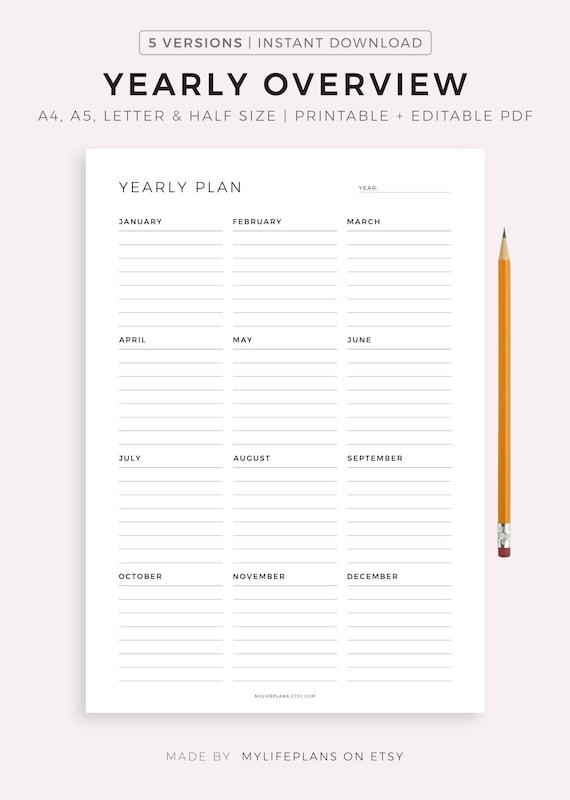 Yearly Overview Printable Yearly Planner on One Page Year At | Etsy