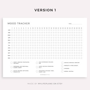 May include: A printable mood tracker with a grid of circles for each day of the year. The tracker includes a list of mood descriptors, such as "angry, annoyed, frustrated" and "calm, refreshed, relaxed".