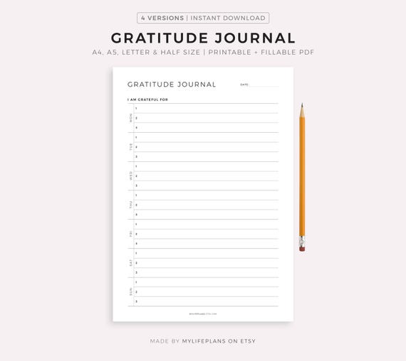Weekly Gratitude Journal Printable Template, Thankfulness Journal, Gratitude Diary, Daily Gratitude Log, A4/A5/Letter/Half, Instant Download