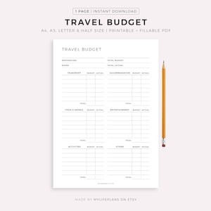 Travel Budget Planner Printable, Work / Holiday Spending Worksheet Template, Finances Planner,  A4/A5/Letter/Half Size, Instant Download PDF