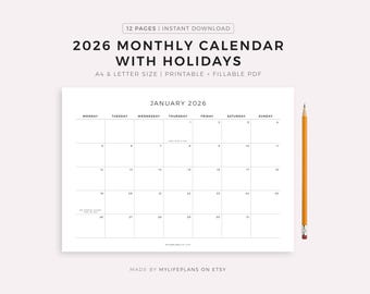 Calendário Mensal 2026 com Feriados, Modelo de Calendário para Imprimir, Paisagem, Calendário Minimalista, Calendário Anual, Download Instantâneo, A4/Carta
