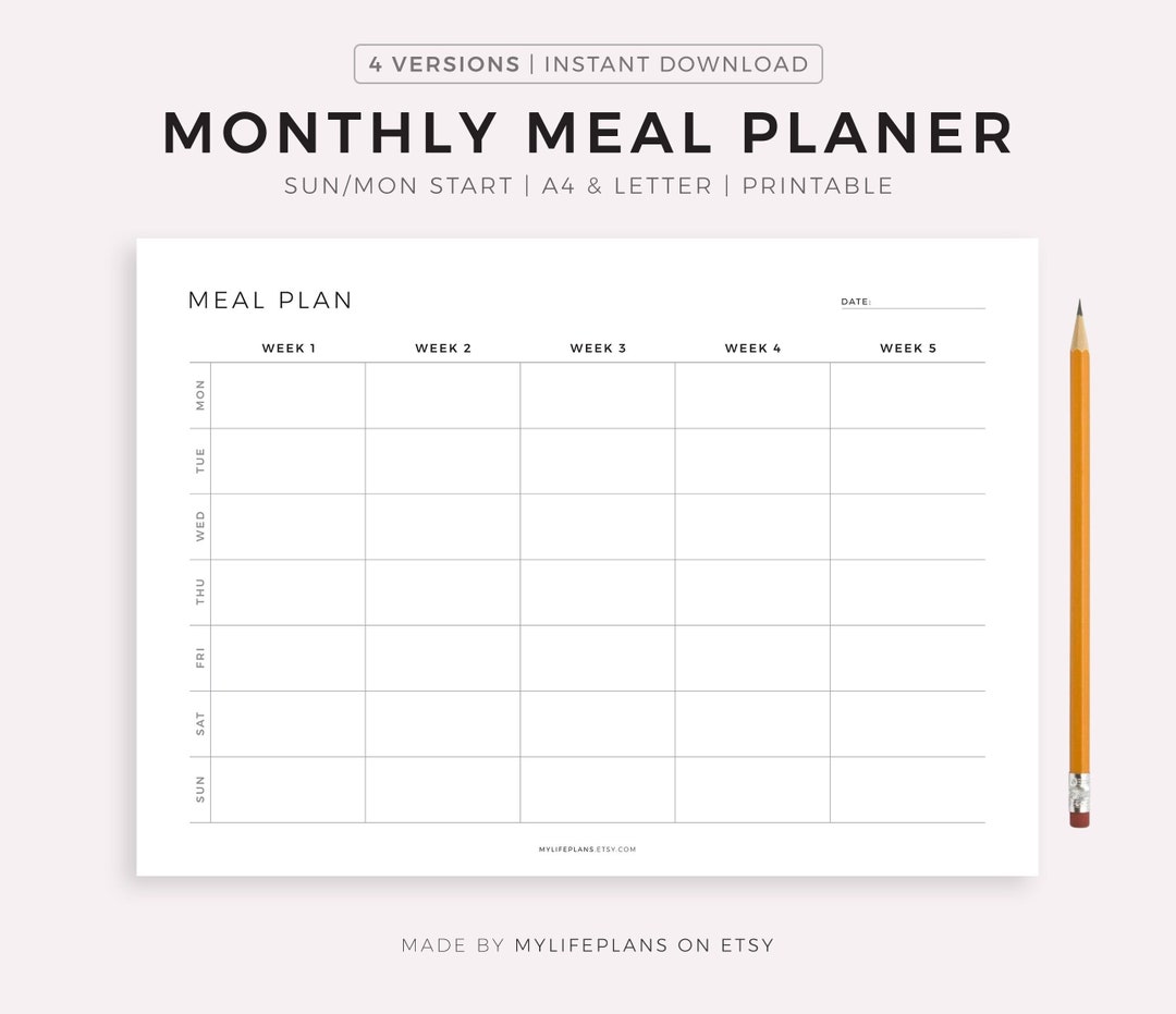 Monthly Meal Planner Printable Landscape, 30 Day Menu Planner, Food ...