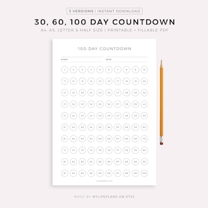 30, 60, 100 Tage Countdown-Tracker für Urlaub, Geburtstag, Hochzeit, Neujahr, Kreuzfahrt, Ruhestand, ect .. A4/A5/Letter/Half, Sofort Download