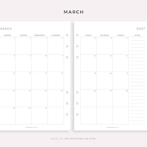 May include: A minimalist, two-page planner spread for March 2027. The left page displays a monthly calendar grid, while the right page includes a calendar grid and a notes section. The word "MARCH" is at the top. The planner is white with black text.