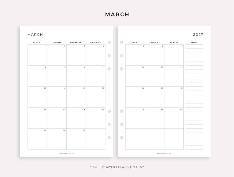 May include: A minimalist, two-page planner spread for March 2027. The left page displays a monthly calendar grid, while the right page includes a calendar grid and a notes section. The word "MARCH" is at the top. The planner is white with black text.