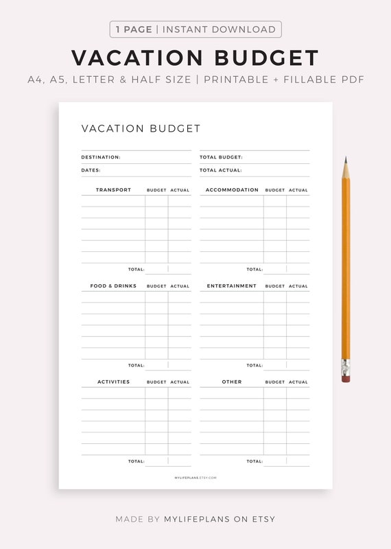 Vacation Budget Planner Printable Travel Spending Worksheet - Etsy