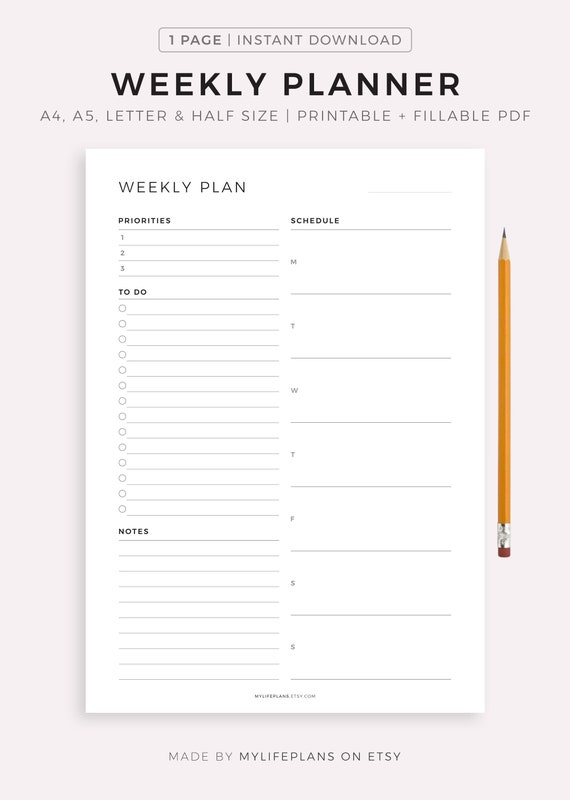 Printable Weekly Planner Template, Weekly Schedule, Weekly Agenda, Undated  Weekly Planner Pages, Instant Download, A4/a5/letter/half Letter 