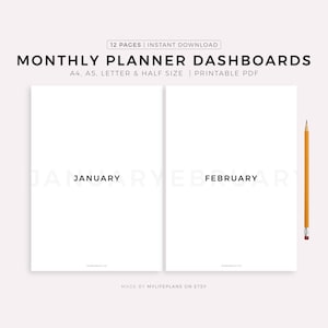 Monthly Planner Dashboards Printable, Monthly Dividers, Minimalist Planner Dashboard Inserts A4/A5/Letter/Half, Instant Download