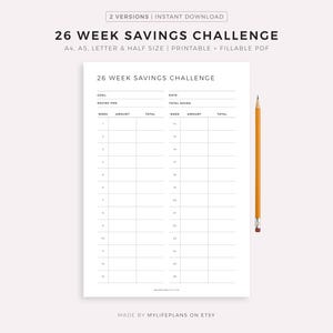 26 Week Savings Challenge Printable, Half Year Saving Plan, Savings Tracker, Finance Planner, A4/A5/Letter/Half, Instant Download PDF