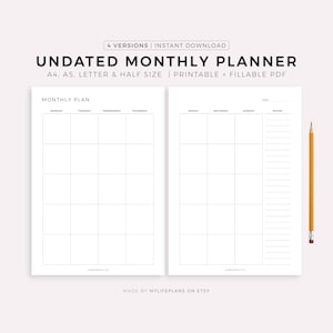 Undated Monthly Planner Printable, Month on Two Pages, Month At a Glance, Monthly Calendar Inserts, Sunday/Monday Start, A4/A5/Letter/Half